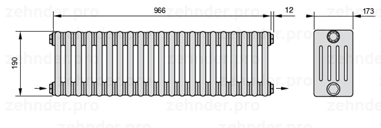Схема (чертеж) Радиатор Zehnder Charleston 5019/21 №2670 Белый глянцевый RAL 9016